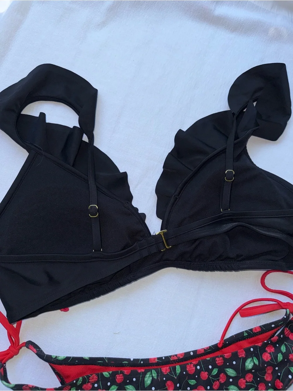 Size XL Black Ruffle Bikini Top with Cherry Print Tie-Side Bottoms
